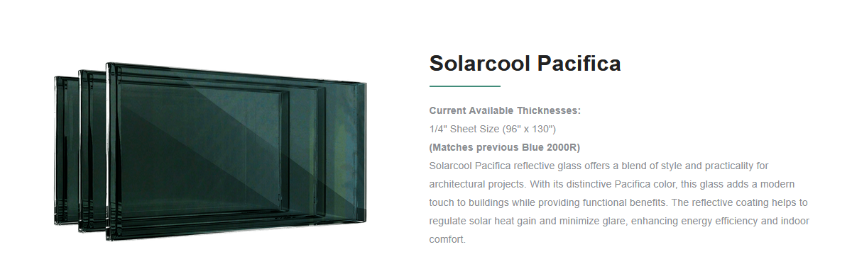 Collection of dark green solar control reflecting glass panels, rectangular in shape, with specifications and description on the right