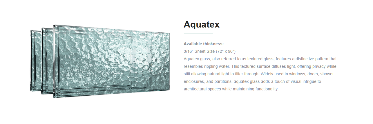 Multiple sheets of textured aquatex glass with rippling water pattern, displayed with product details and description