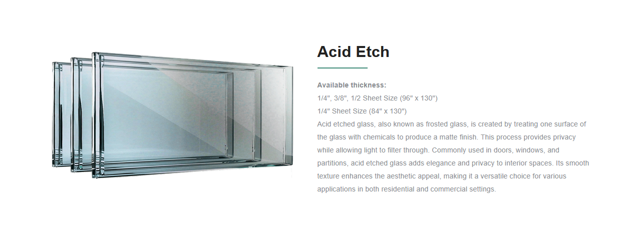 A group of four sheets of frosted acid etched glass panels with metallic frames, displayed side by side.