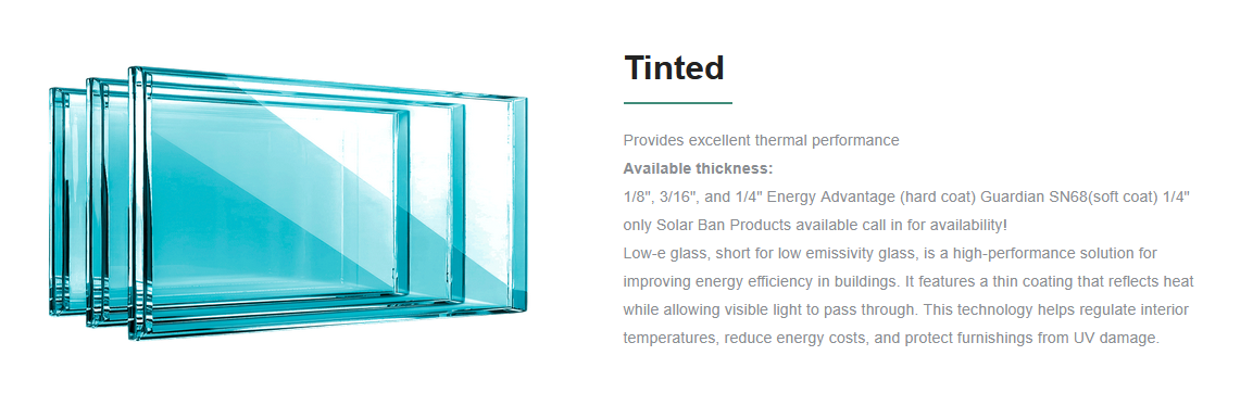 Stack of tinted glass windows with blue tint and reflective surfaces.