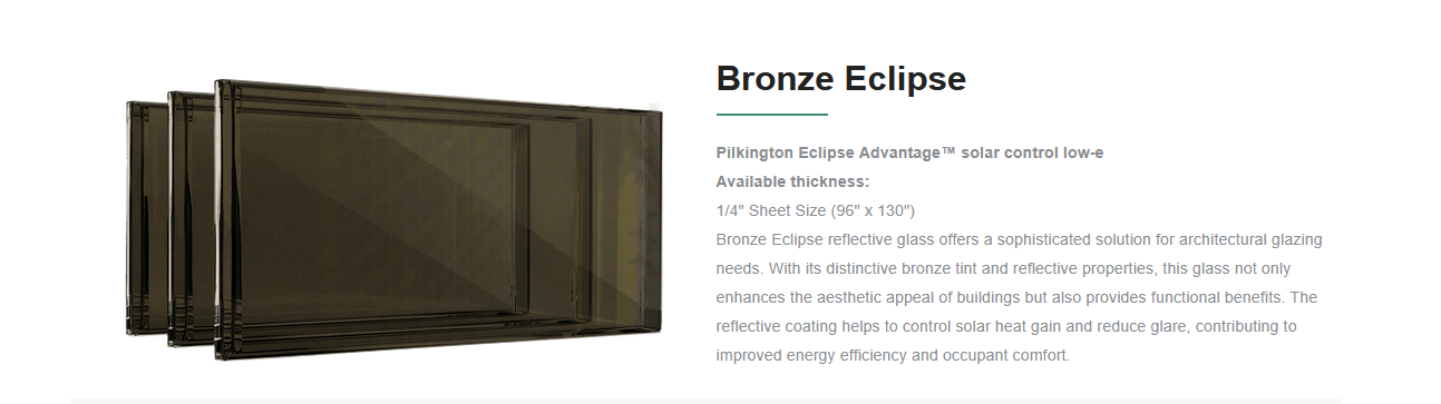 A set of bronze-tinted reflective glass panels for architectural glazing, labeled as Bronze Eclipse, with product description including size and benefits.