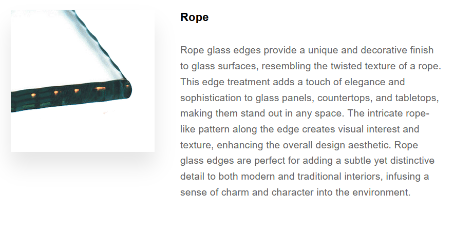 Close-up of glass edge with twisted rope textured finish for decorative purposes