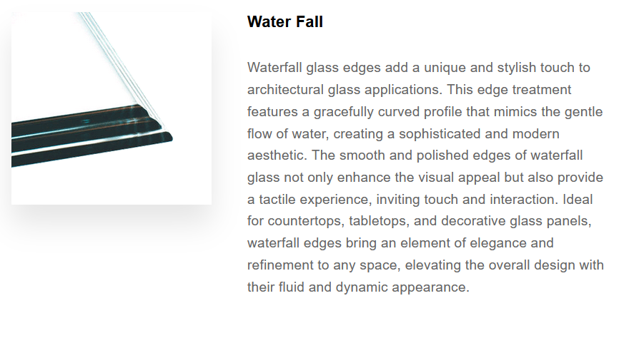 Close-up of a glass waterfall edge with polished, curved glass, designed for architectural glass applications.