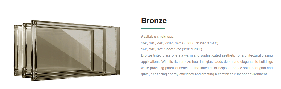 Set of bronze-tinted glass panels for architectural glazing, with product information and specifications.