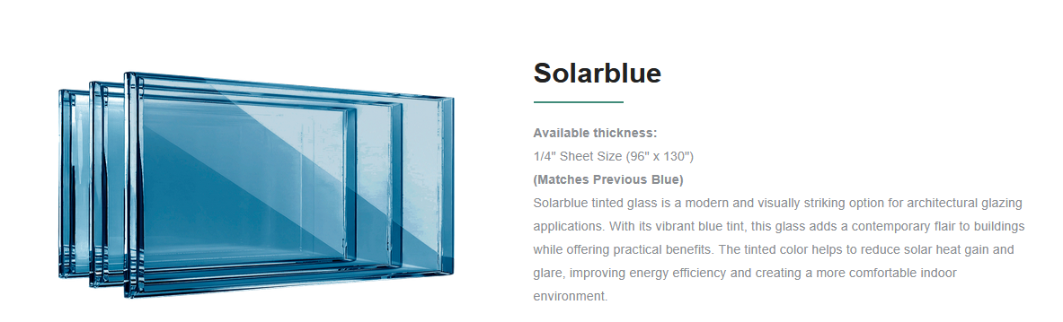 Set of five blue-tinted glass panels labeled 'Solarblue' for architectural glazing