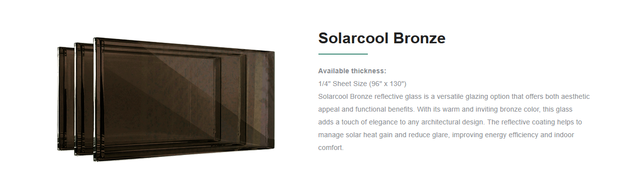 Multiple pieces of bronze-colored reflective solar glass labeled as Solarcool Bronze, available in a 1/4 inch sheet size, used for energy efficiency and aesthetic enhancement in architectural design.