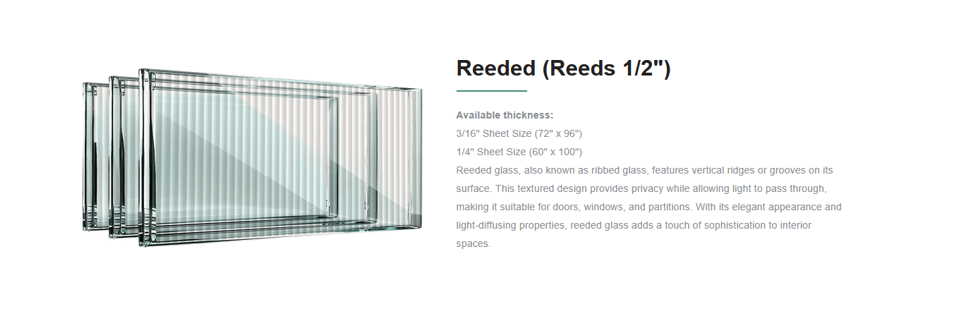 Multiple sheets of reeded glass with vertical ridges, used for doors, windows, or partitions.