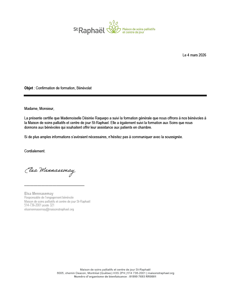 A formal letter on official letterhead from Maison de soins palliatifs et centre de jour St-Raphaël, dated March 4, 2026, certifying volunteer training for Mademoiselle Désirée Raqueo, signed by Elsa Mennasemay.