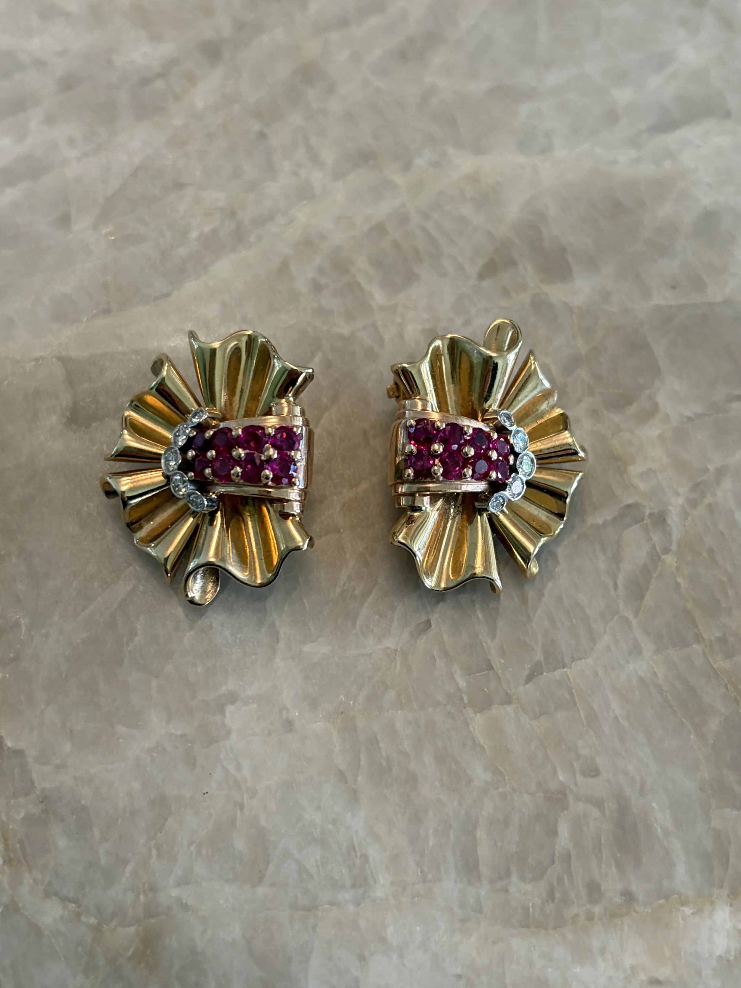 Retro, Tri-Color Gold, Ruby & Diamond Earclips