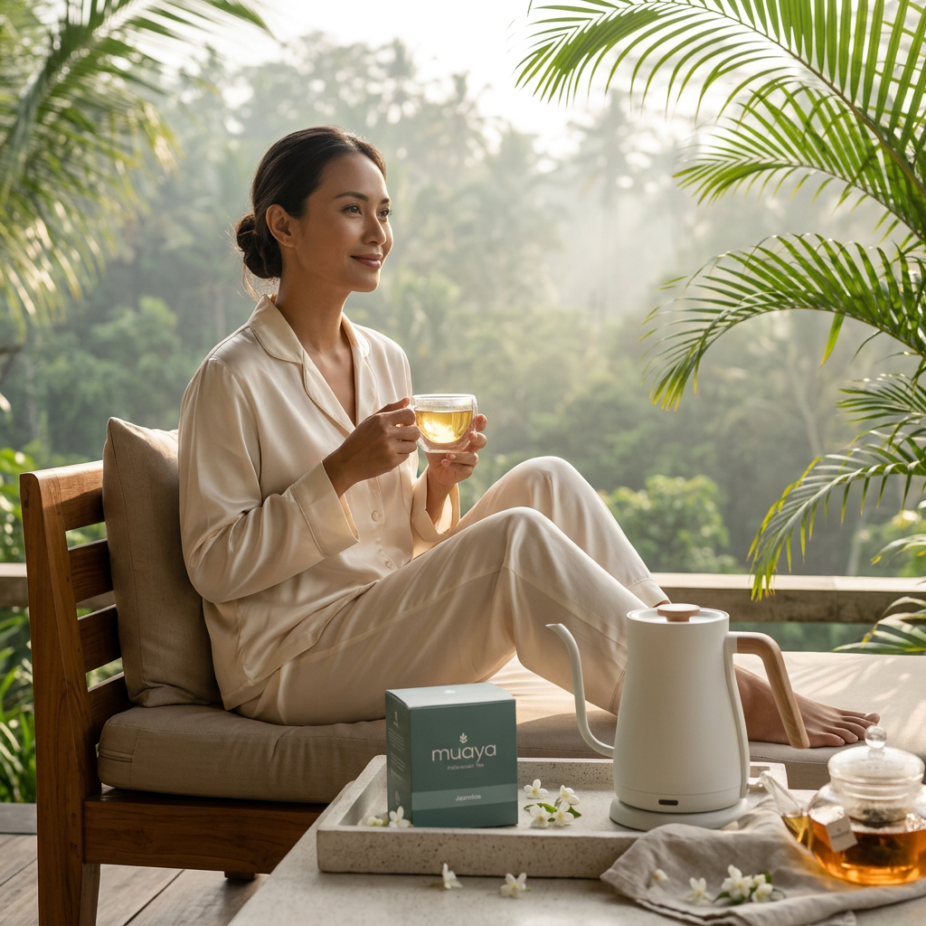 Woman enjoying a cup of tea on a resort terrace with a Muaya tea box and tea set