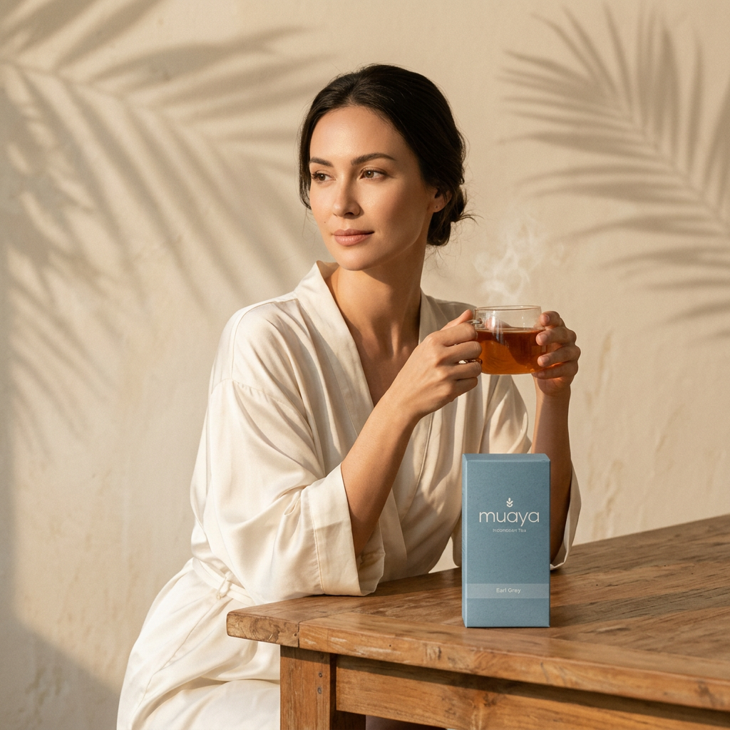 Woman holding a cup of tea beside a Muaya tea box on a wooden table