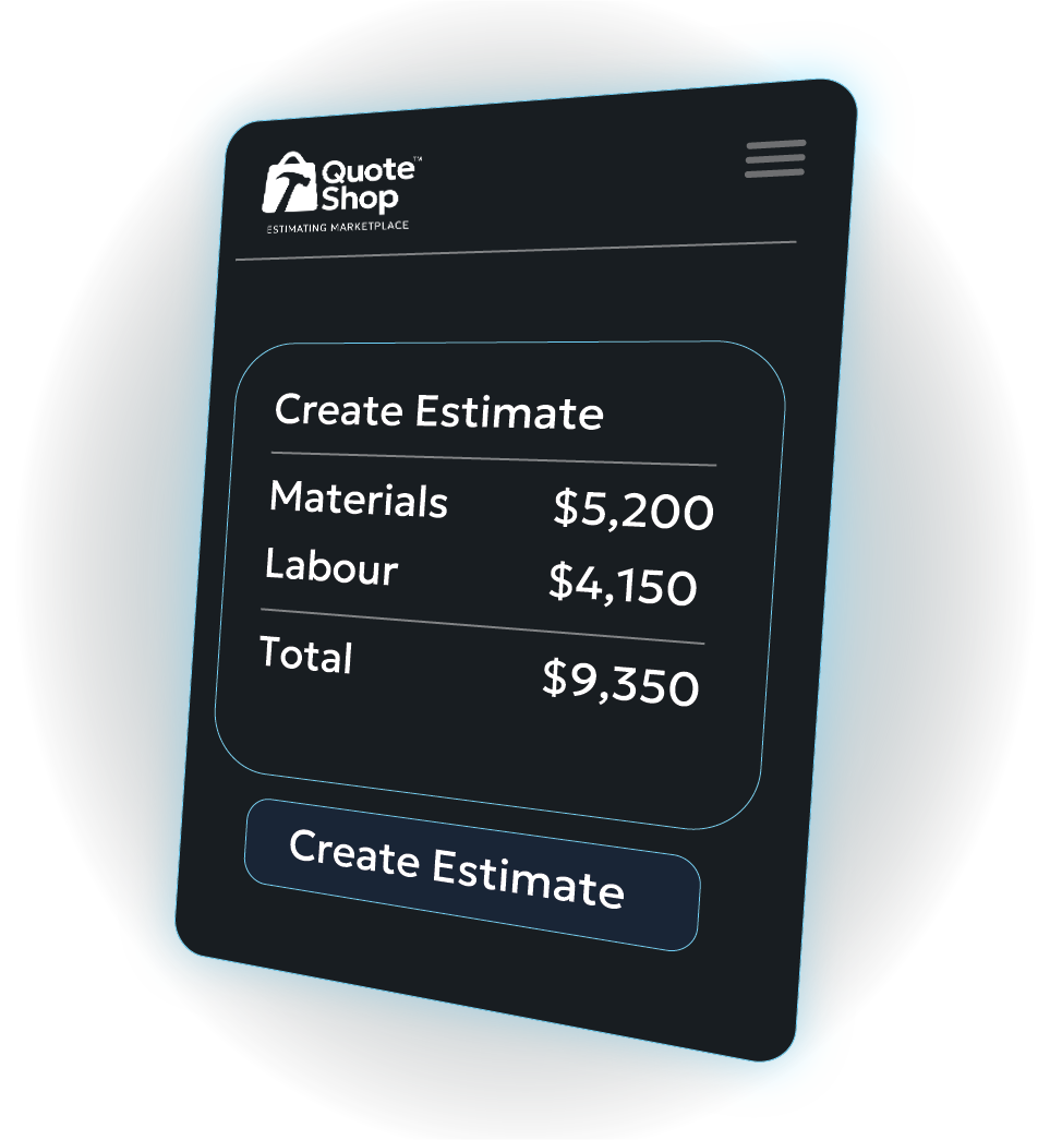 Mobile phone screen displaying a quote estimate for materials costing $5,200 and labor costing $4,150, with a total of $9,350, from a quote shop app.