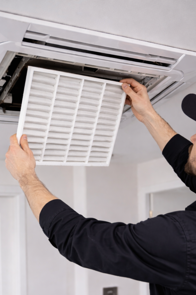 Technician installing HVAC air filter in residential ceiling unit