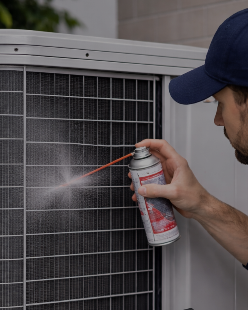 A man wearing a blue cap uses a can of spray foam to insulate an air conditioning unit.