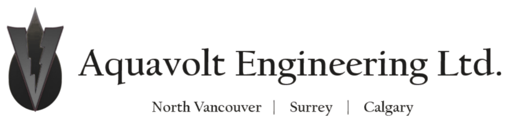 Logo for Aquavolt Engineering Ltd. featuring a lightning bolt inside a water droplet with locations listed as North Vancouver, Surrey, and Calgary.