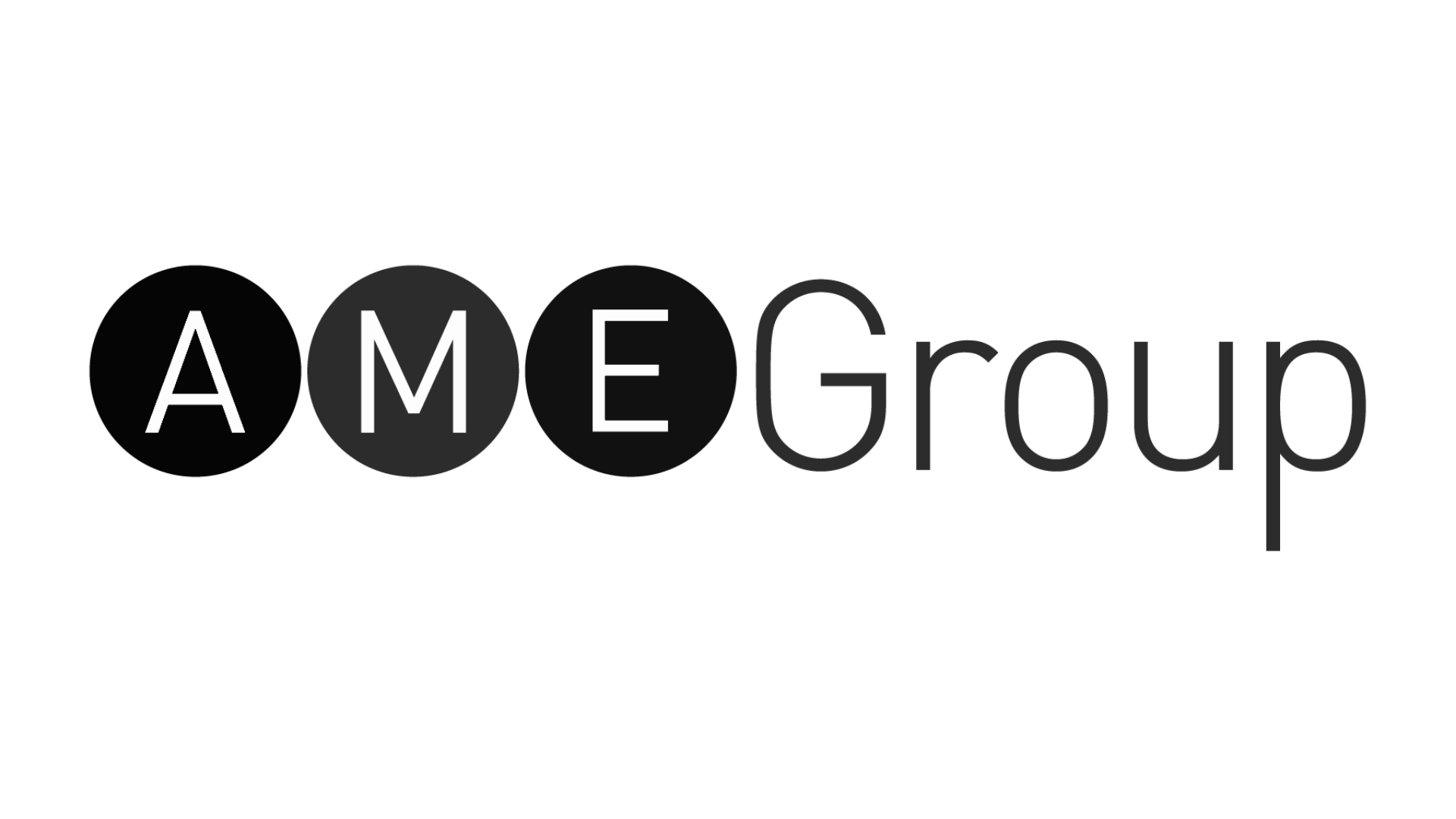 A logo with the words 'AME Group' featuring black and gray circles around the letters 'A', 'M', and 'E'.