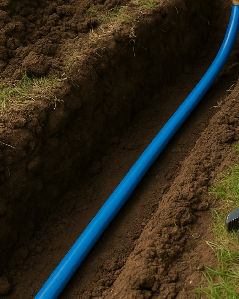 Blue pipe installed in a trench with soil and grass on the sides.