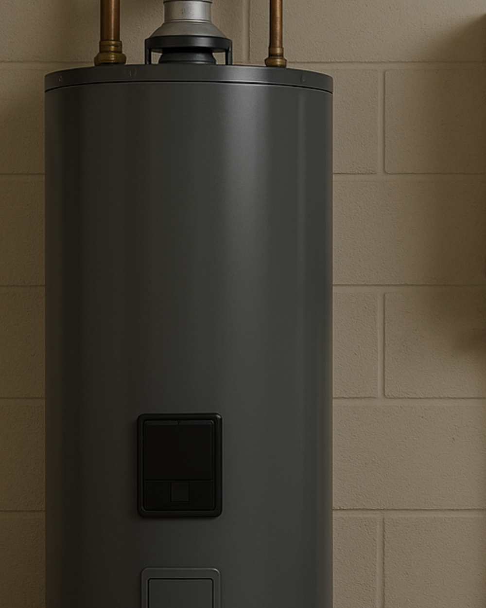 A gray water heater mounted on a beige cinder block wall.