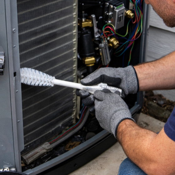 Technician performing routine maintenance on heat pump system