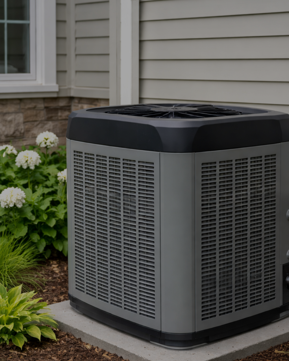 An air conditioning unit installed outdoors near the house wall, surrounded by white flowering plants and green foliage.