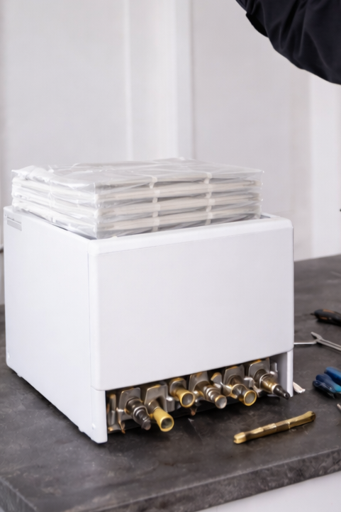 Technician replacing residential HVAC air filter