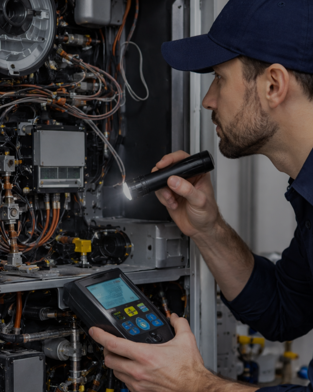 Technician using a flashlight and handheld device to inspect an industrial control panel with complex wiring.