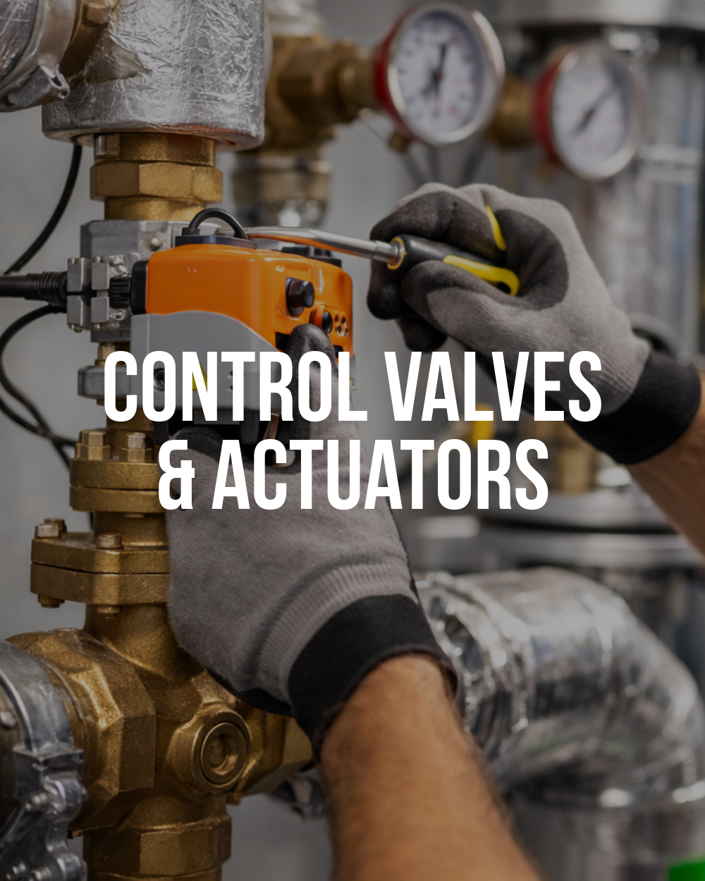 Technician adjusting HVAC control valve and actuator on hydronic piping
