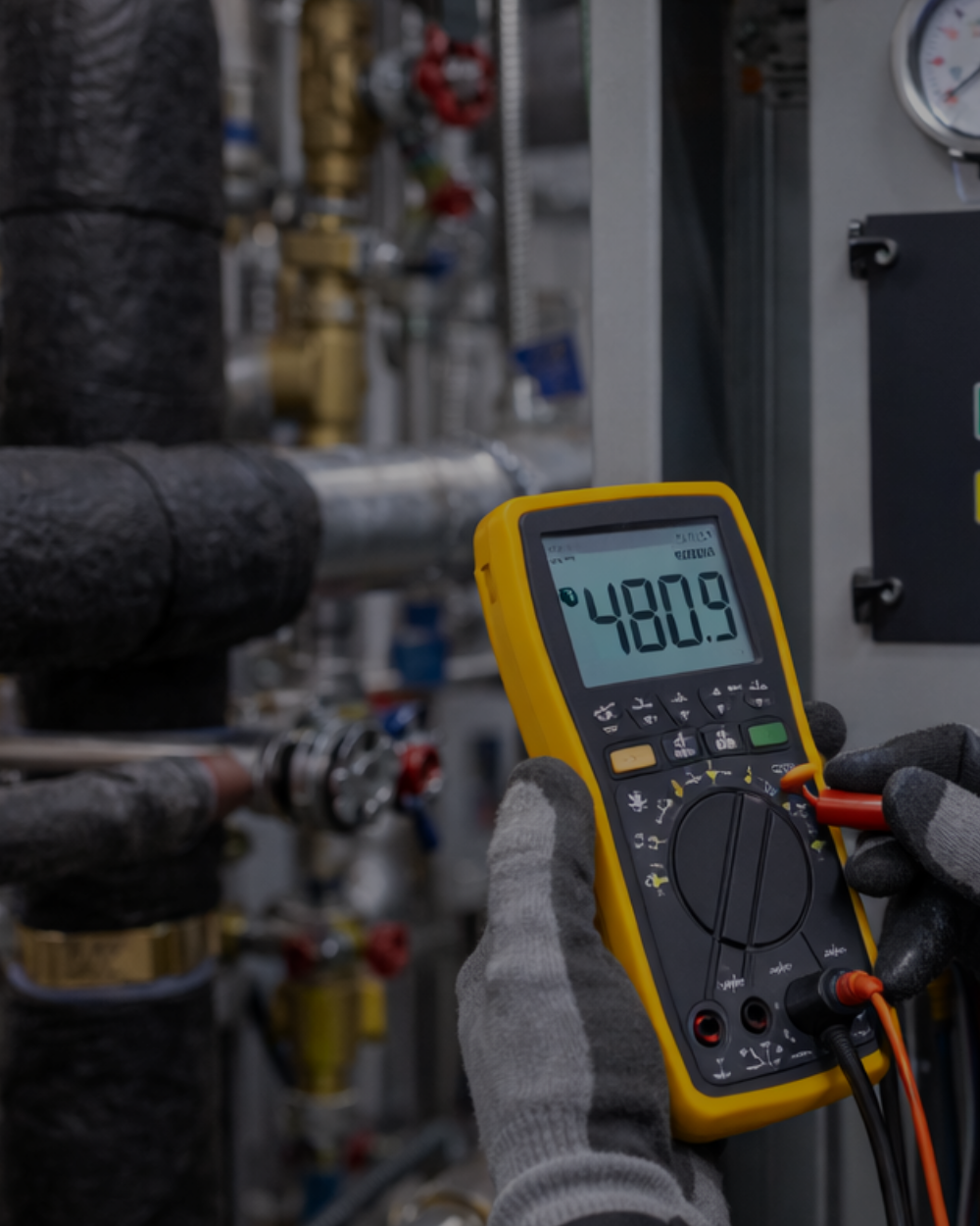 A person wearing gloves holding a digital multimeter displaying a reading of 480.9 in an industrial setting with pipes and gauges.