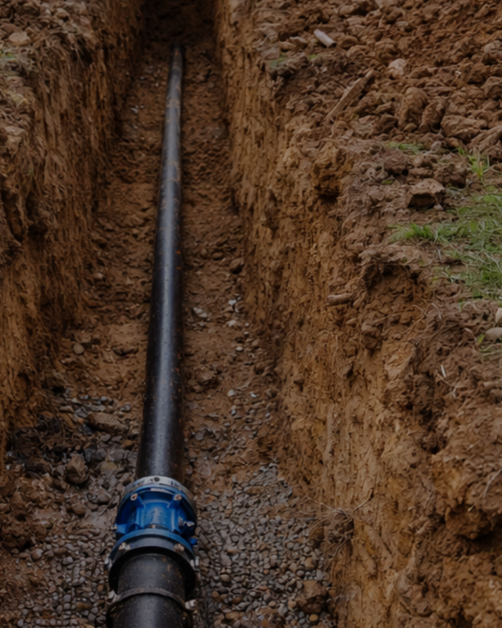 A black pipeline installed in a narrow trench with brown dirt walls.