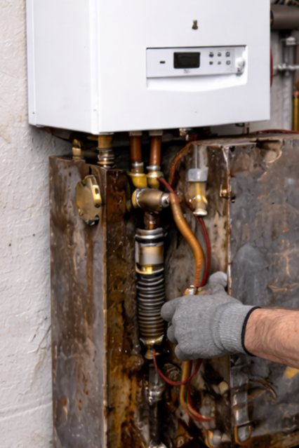 Technician replacing residential boiler heating system