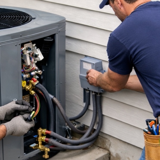 HVAC technician installing outdoor residential heat pump system