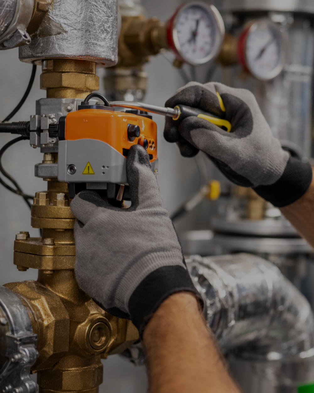 Technician wearing gray gloves servicing a gas valve with a screwdriver in an industrial setting.