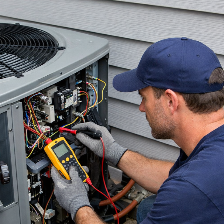 HVAC technician performing electrical diagnostics on an outdoor heat pump with a digital multimeter