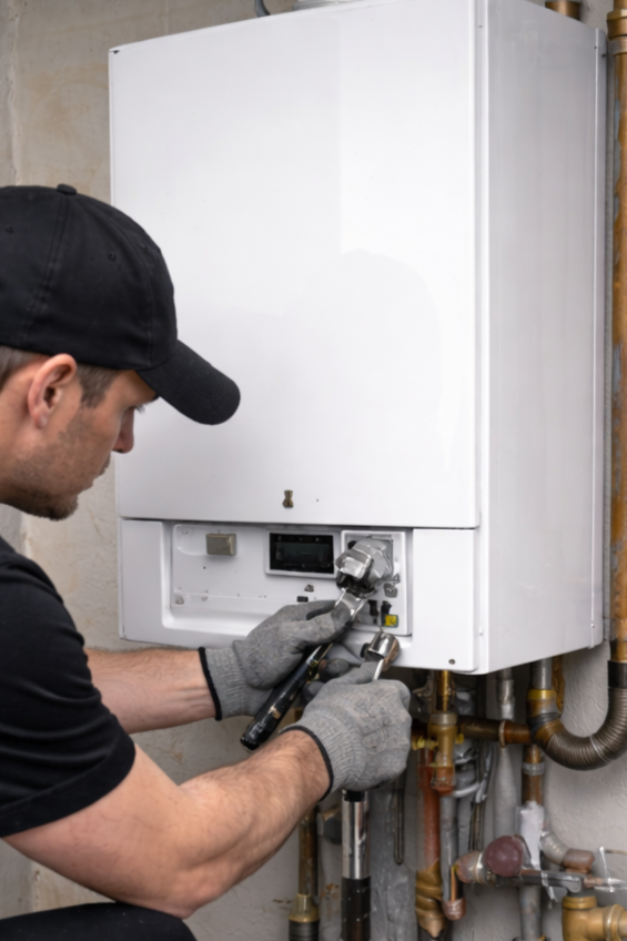 Technician repairing residential boiler heating system