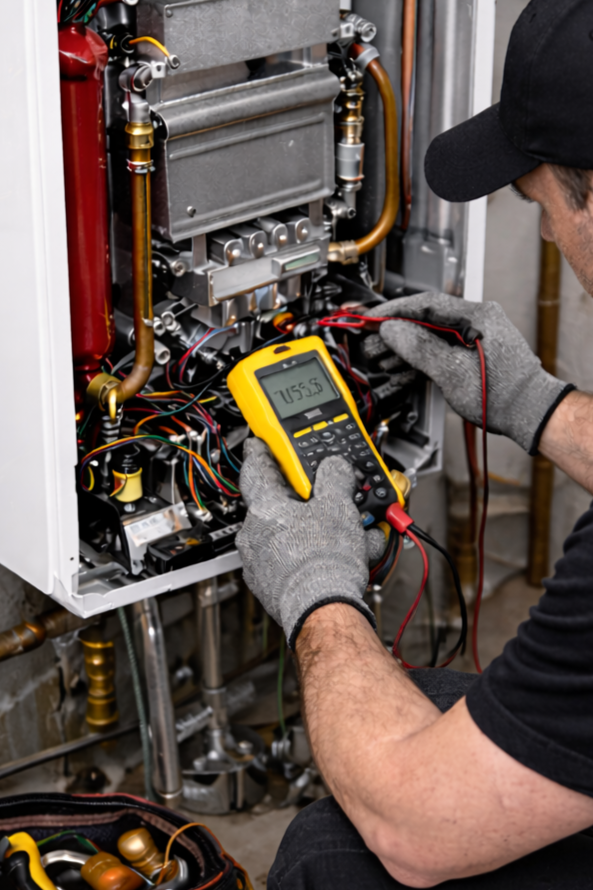 HVAC technician installing residential boiler system