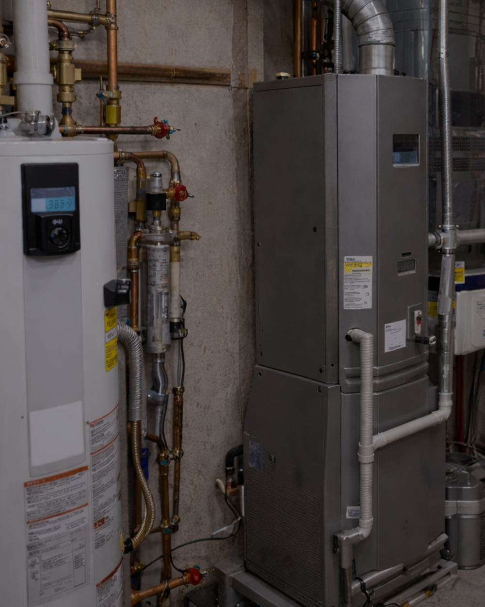 A utility room with a water heater on the left and a large HVAC unit on the right, connected by various pipes and ducts.