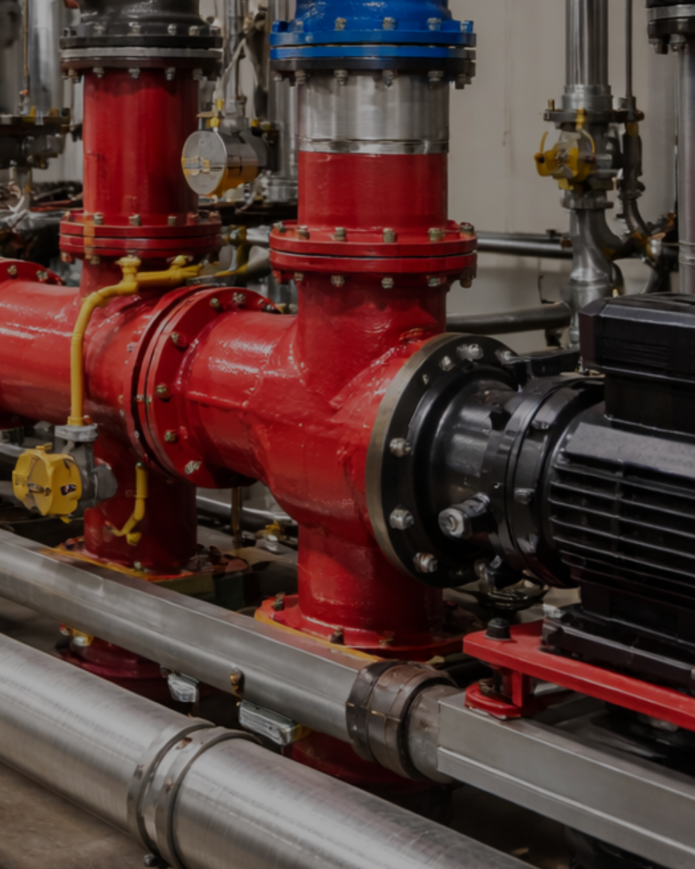 Industrial fire pump system with red piping, black motor, and yellow valves in a facility.