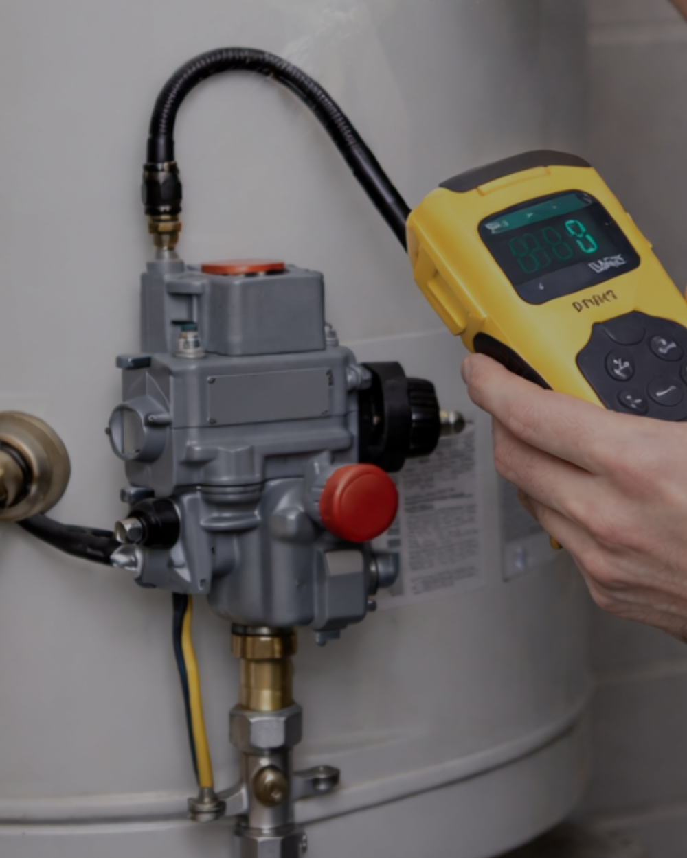 A person's hand holding a yellow digital multimeter next to a gas water heater, reading 88.8 on the display.
