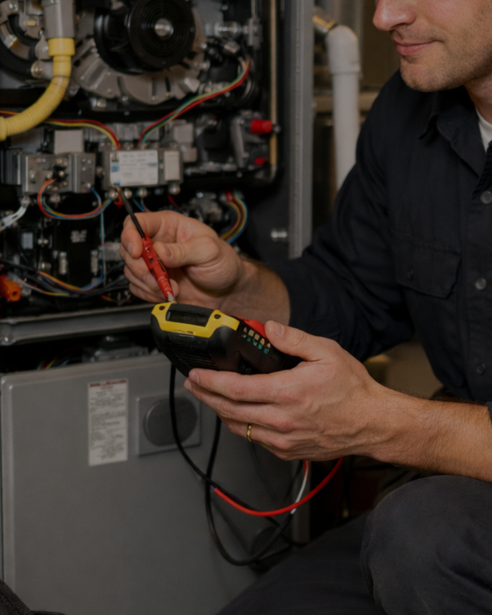 A technician using a multimeter to test electrical wires inside an HVAC system.