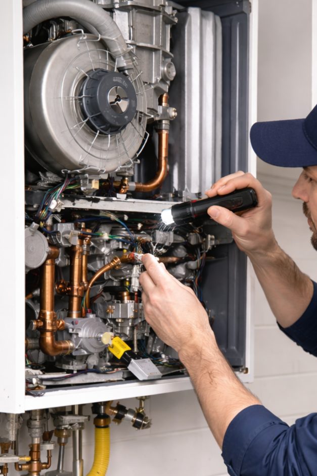 Technician repairing residential boiler and heating system components