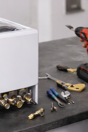 Technician repairing residential HVAC air filtration system