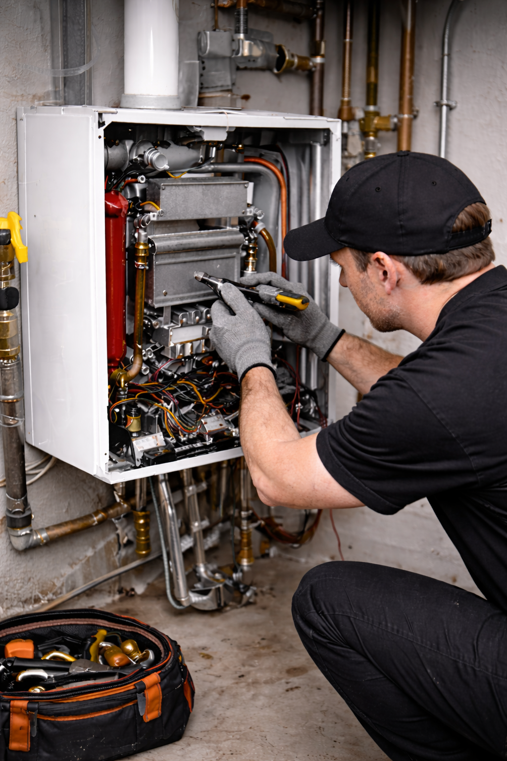 Technician performing routine maintenance on boiler heating system