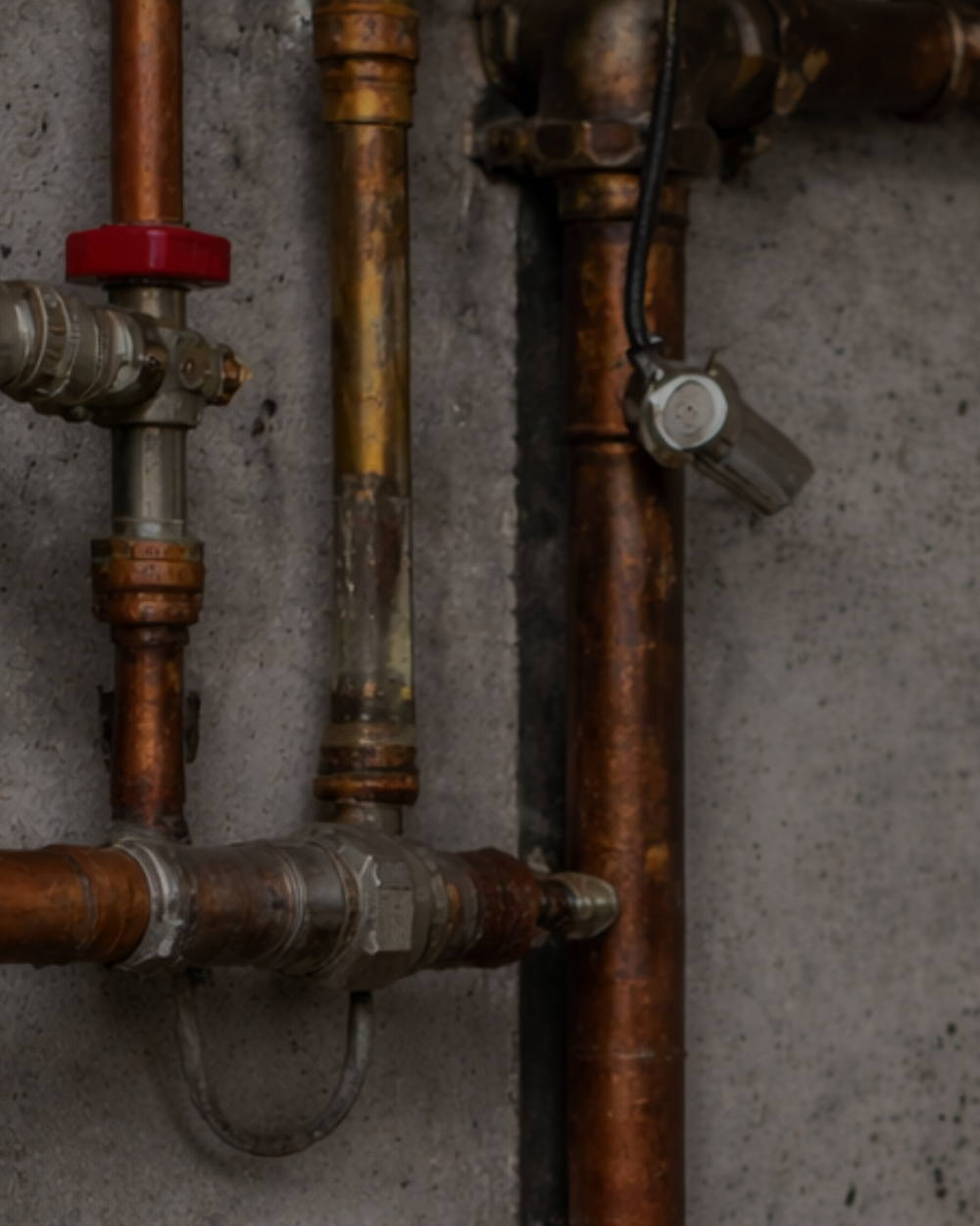 Close-up of old copper and brass plumbing pipes fixed to a gray concrete wall, including a shut-off valve with a red handle and a round water meter.