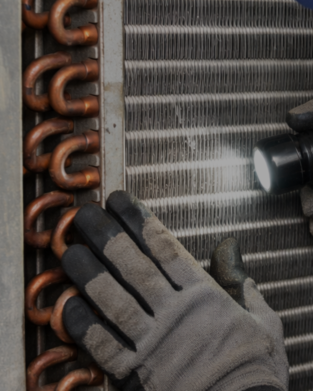 Person wearing a glove inspecting or cleaning a radiator or heat exchange component with metal fins and copper tubing, using a flashlight.
