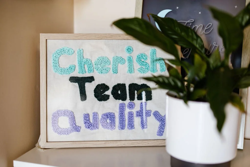 Decorative sign with the phrase 'Cherish Team Quality' made of colorful textured letters, placed on a shelf next to a white pot with green leafy plant, partly obstructing the sign.