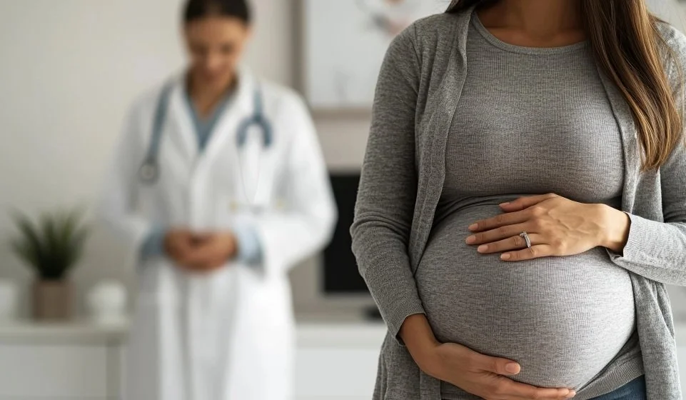 Pregnant woman holding her belly in front of a medical professional in a clinical setting.