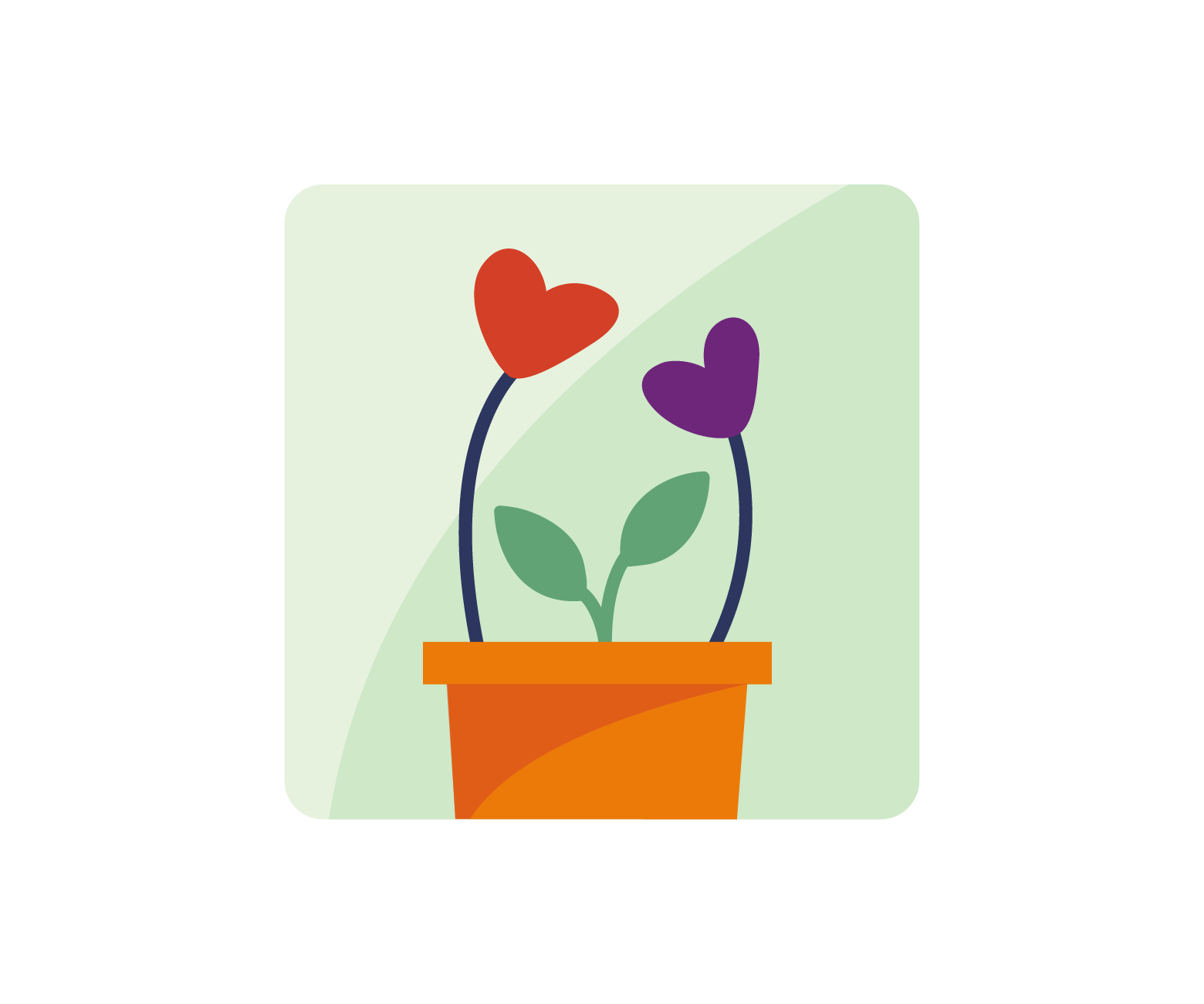 Illustration of a potted plant with two heart-shaped flowers, one red and one purple, on dark stems with green leaves, on a light background.