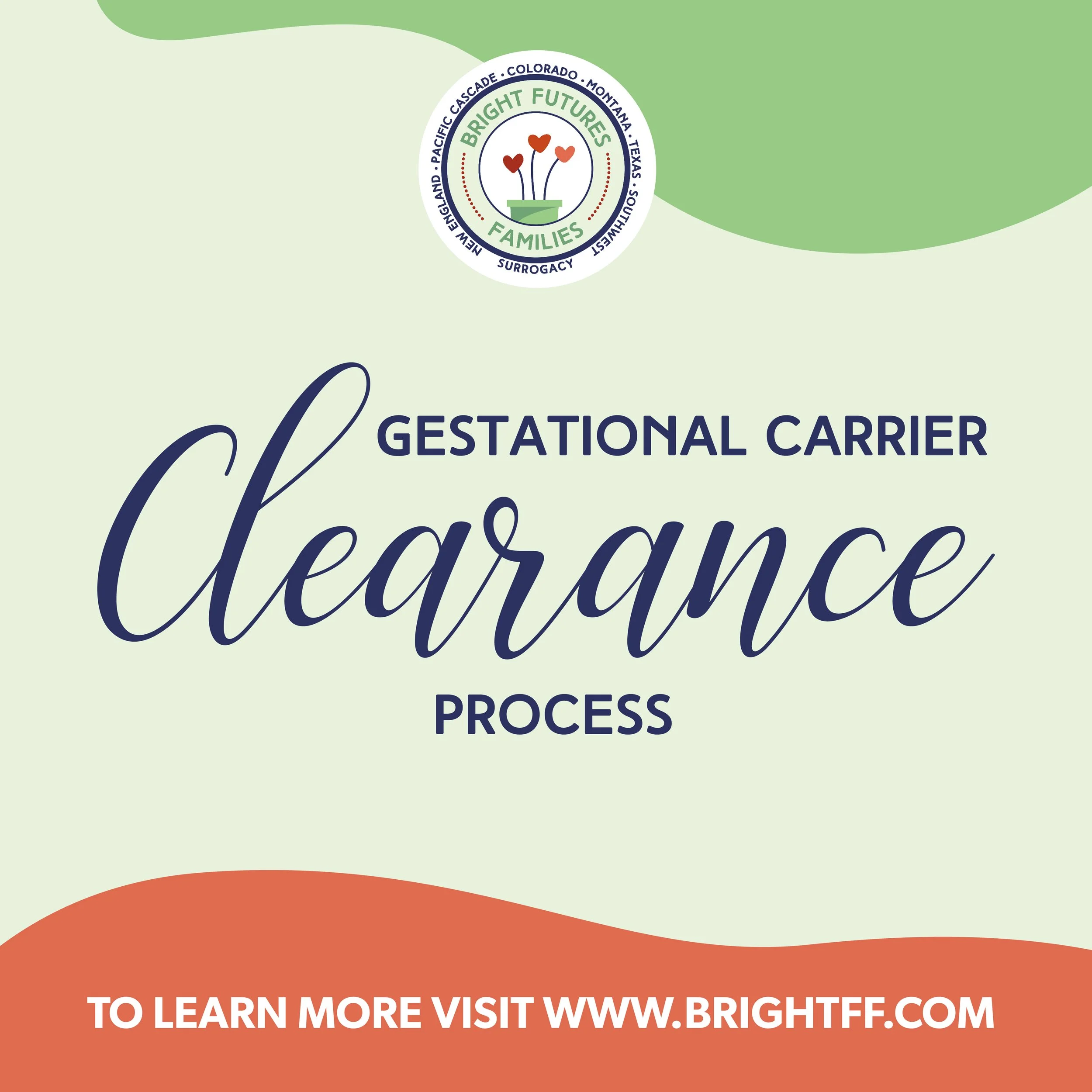 Brochure cover for the gestational carrier clearance process, featuring a logo with hearts and a plant, and a website link to brightff.com.