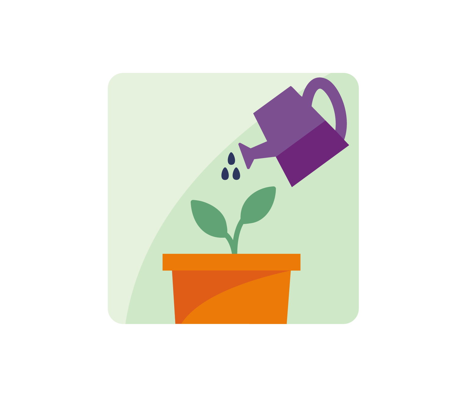 A graphic illustration of a purple watering can pouring water onto a young green plant in a brown pot.