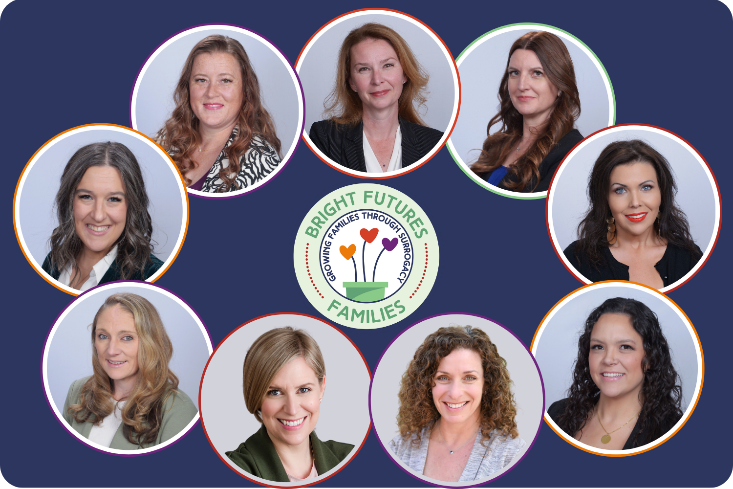 A group of eight women smiling around a central logo that reads "Bright Futures Families," with the text "Growing Families Through Support" encircling an illustration of a pot with three flowers.